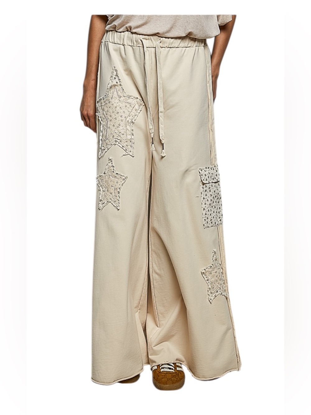 POL Cream Beige French Terry Cotton Elastic Drawstring Pant
